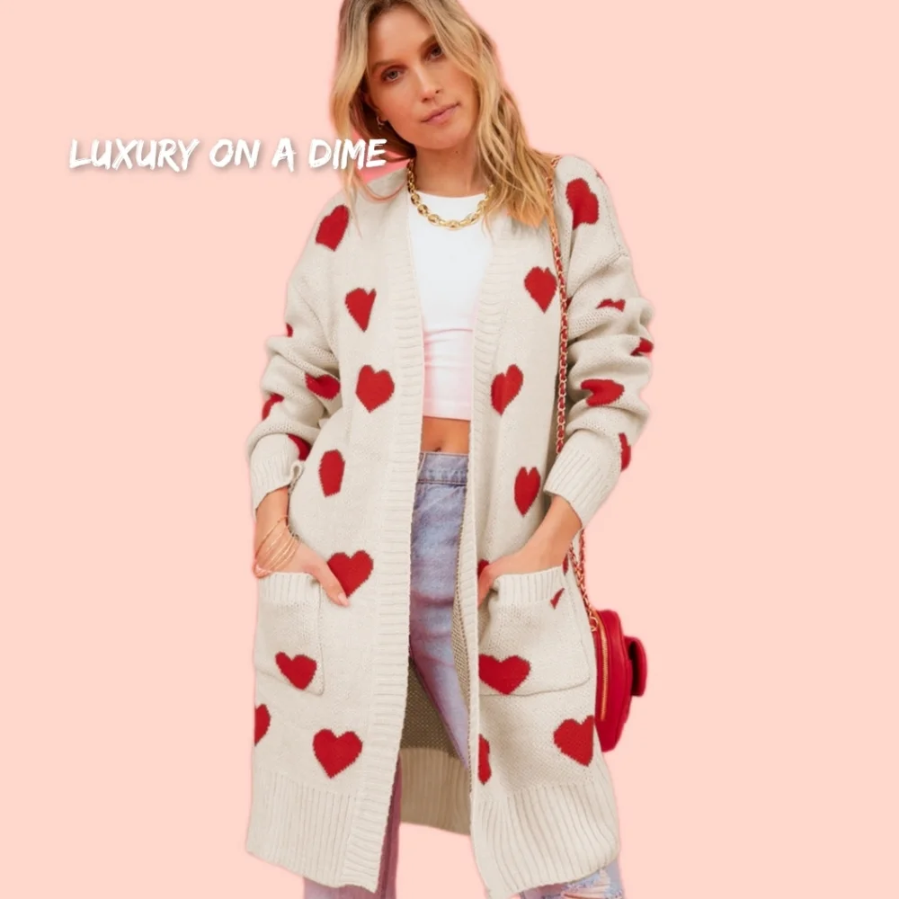 Contrasting Heart Knit Open Front Longline Pocket Sweater Cardigan Valentine - Picture 2 of 9